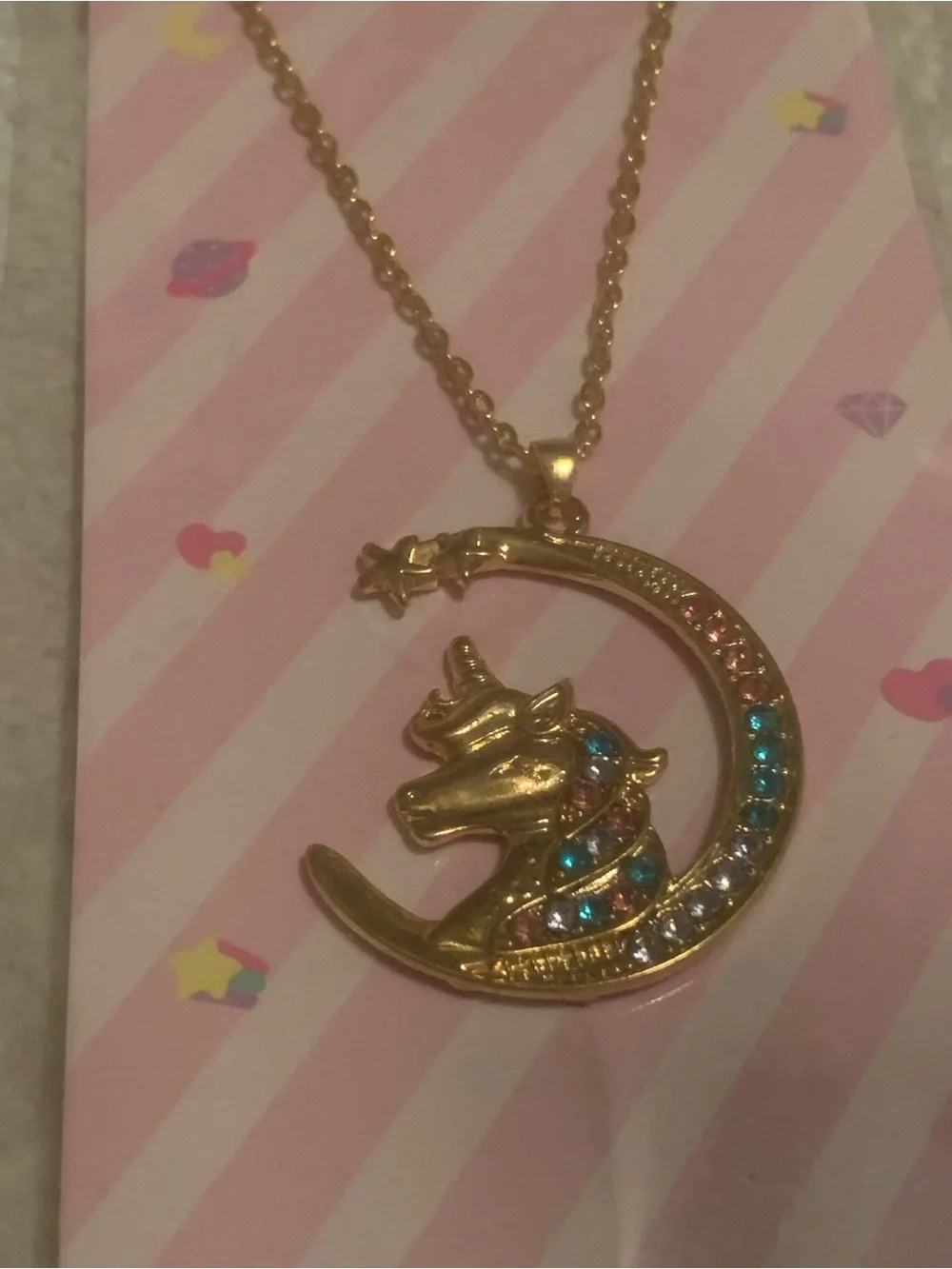 Private Label Gold Unicorn Moon Pendant Necklace Earring Set Pink Blue Crystals